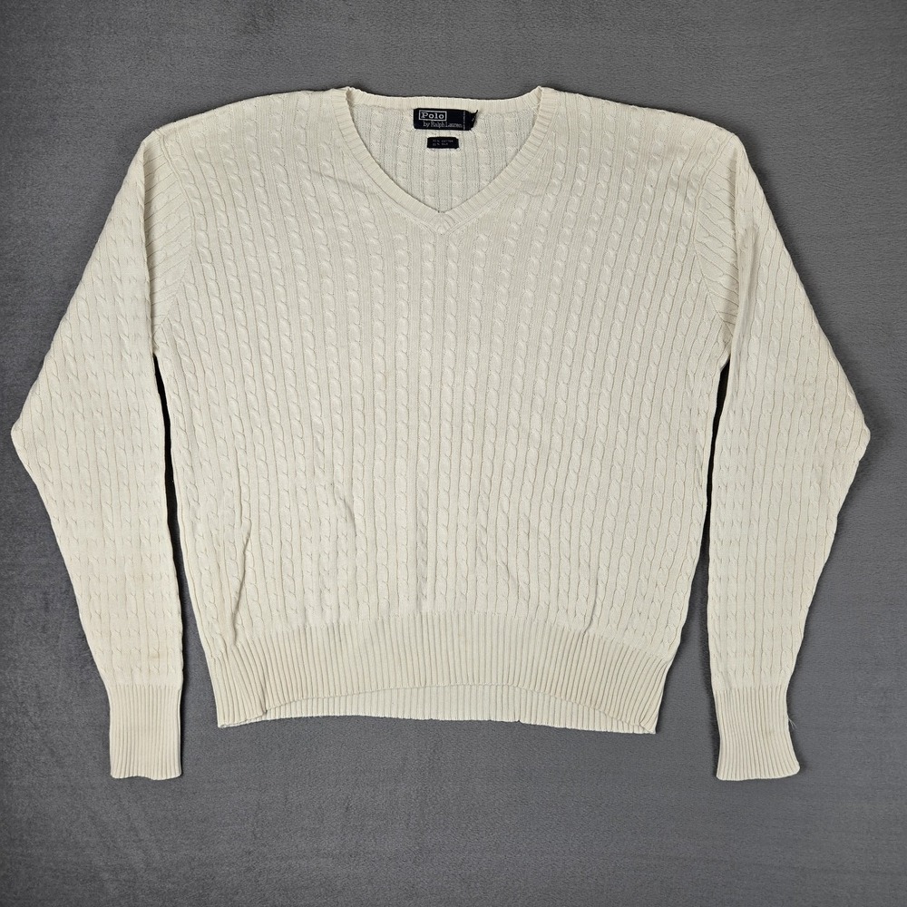 Vtg Polo Ralph Lauren Cable Knit‎ Sweater Mens XL Silk Ivory Fisherman Preppy